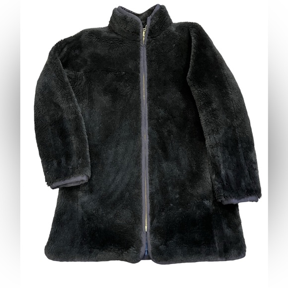 J.Crew black faux fur jacket navy trim size small old money classic funnel neck